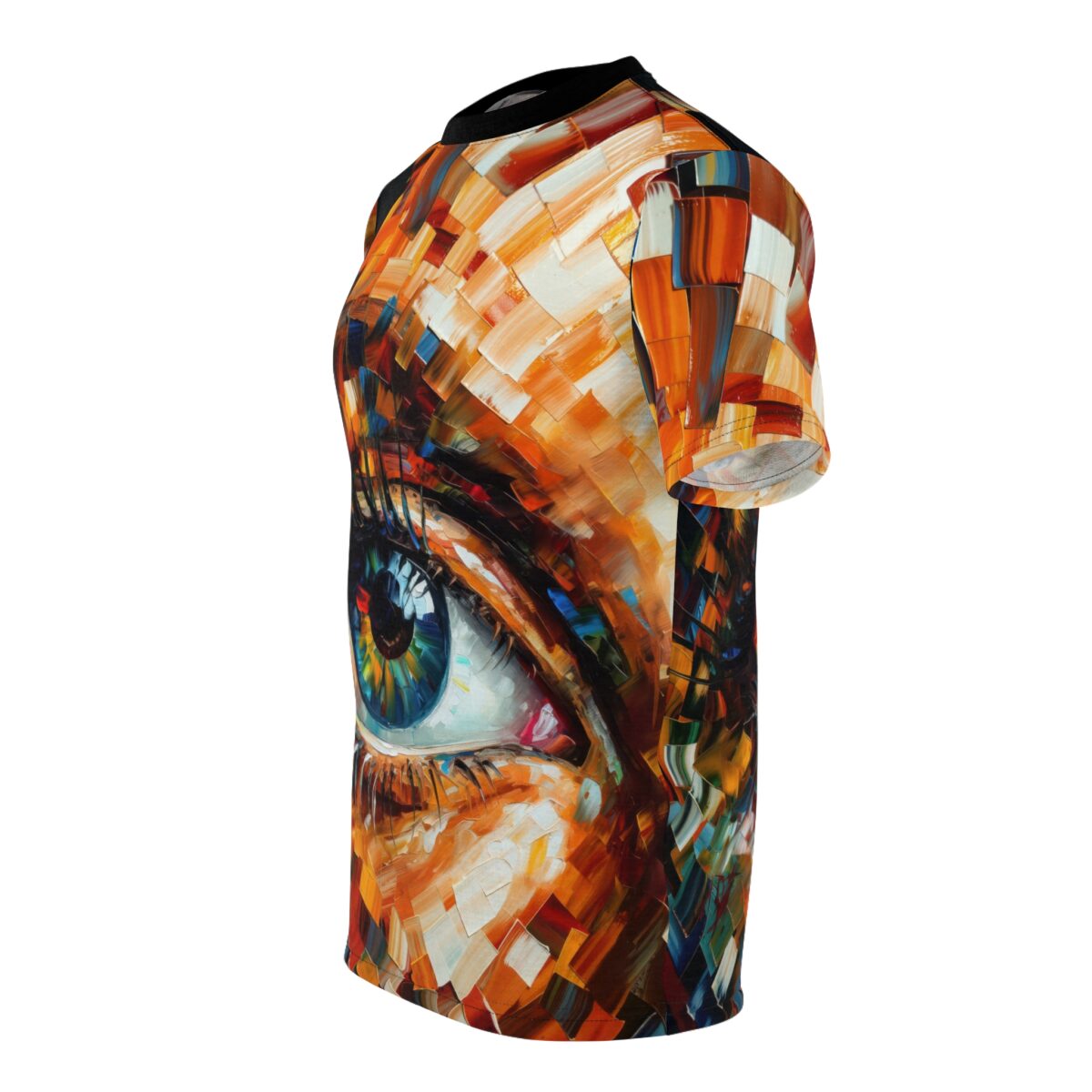 All over print sublimation tee featuring a detailed abstract eye graphic with vibrant orange, blue, and yellow brushstrokes.