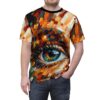 Abstract eye all over print sublimation tee featuring vibrant brushstroke colors and detailed blue iris.