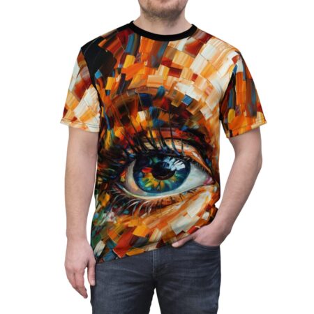 Abstract eye all over print sublimation tee featuring vibrant brushstroke colors and detailed blue iris.