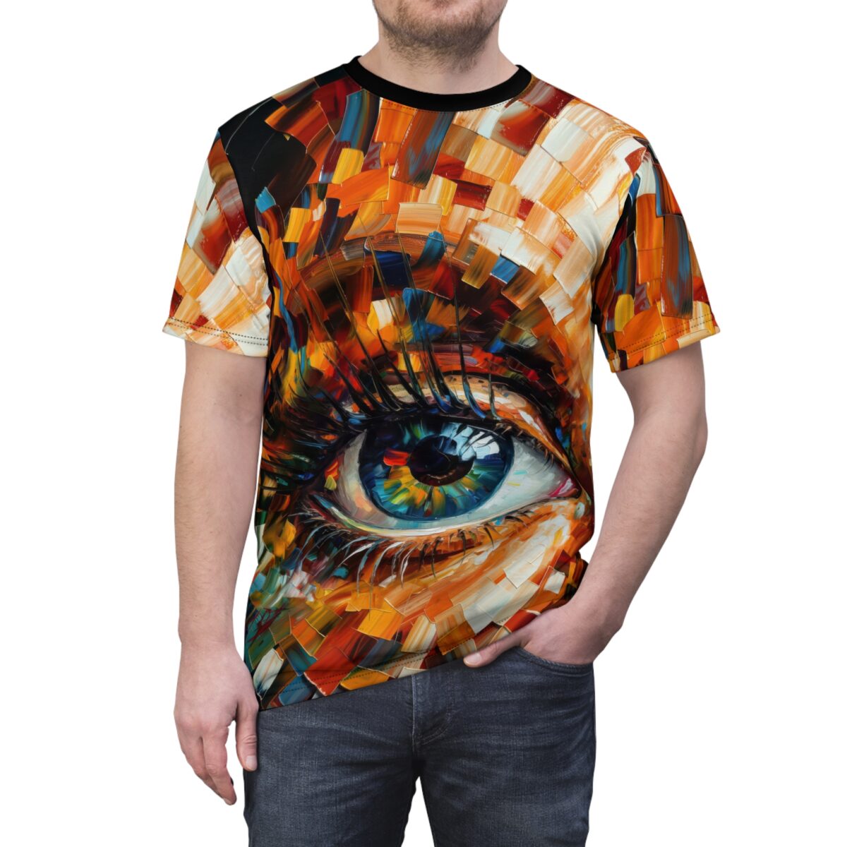 Abstract eye all over print sublimation tee featuring vibrant brushstroke colors and detailed blue iris.