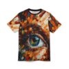 All over print sublimation tee featuring a close-up abstract eye graphic with mosaic brushstrokes and vibrant colors.
