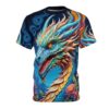 Vibrant blue and orange dragon sublimation tee with all over print featuring flowers and mountains.