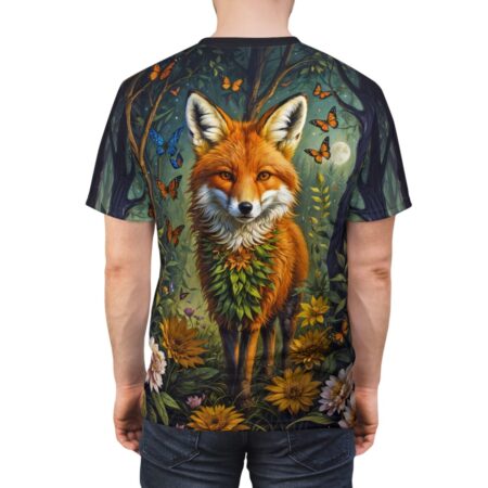 All over print sublimation tee featuring a detailed fox in a magical forest with butterflies and flowers, seamless wrap around graphic.