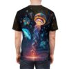 Neon bioluminescent jellyfish all over print sublimation tee, featuring a cosmic ocean scene with glowing jellyfish and vibrant tentacles.