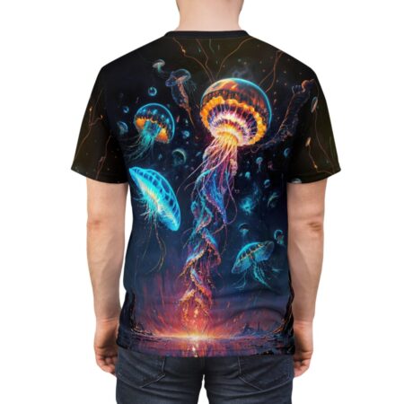 Neon bioluminescent jellyfish all over print sublimation tee, featuring a cosmic ocean scene with glowing jellyfish and vibrant tentacles.