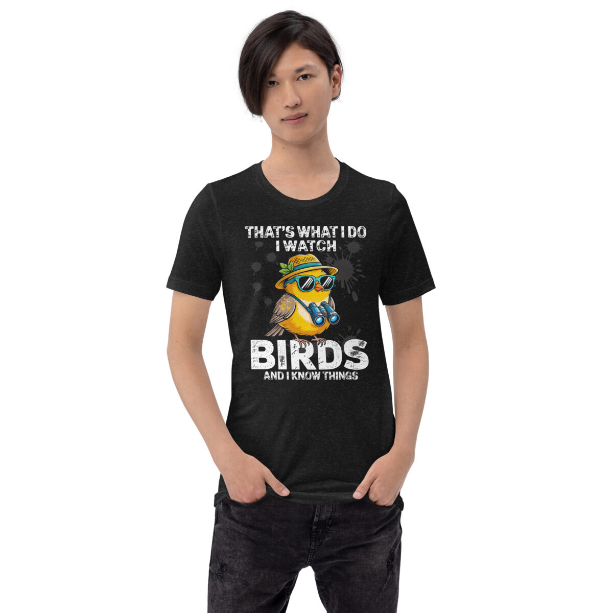 Bird watcher t-shirt featuring a yellow bird wearing sunglasses and a hat with binoculars and the text "BIRDS AND I KNOW THINGS."