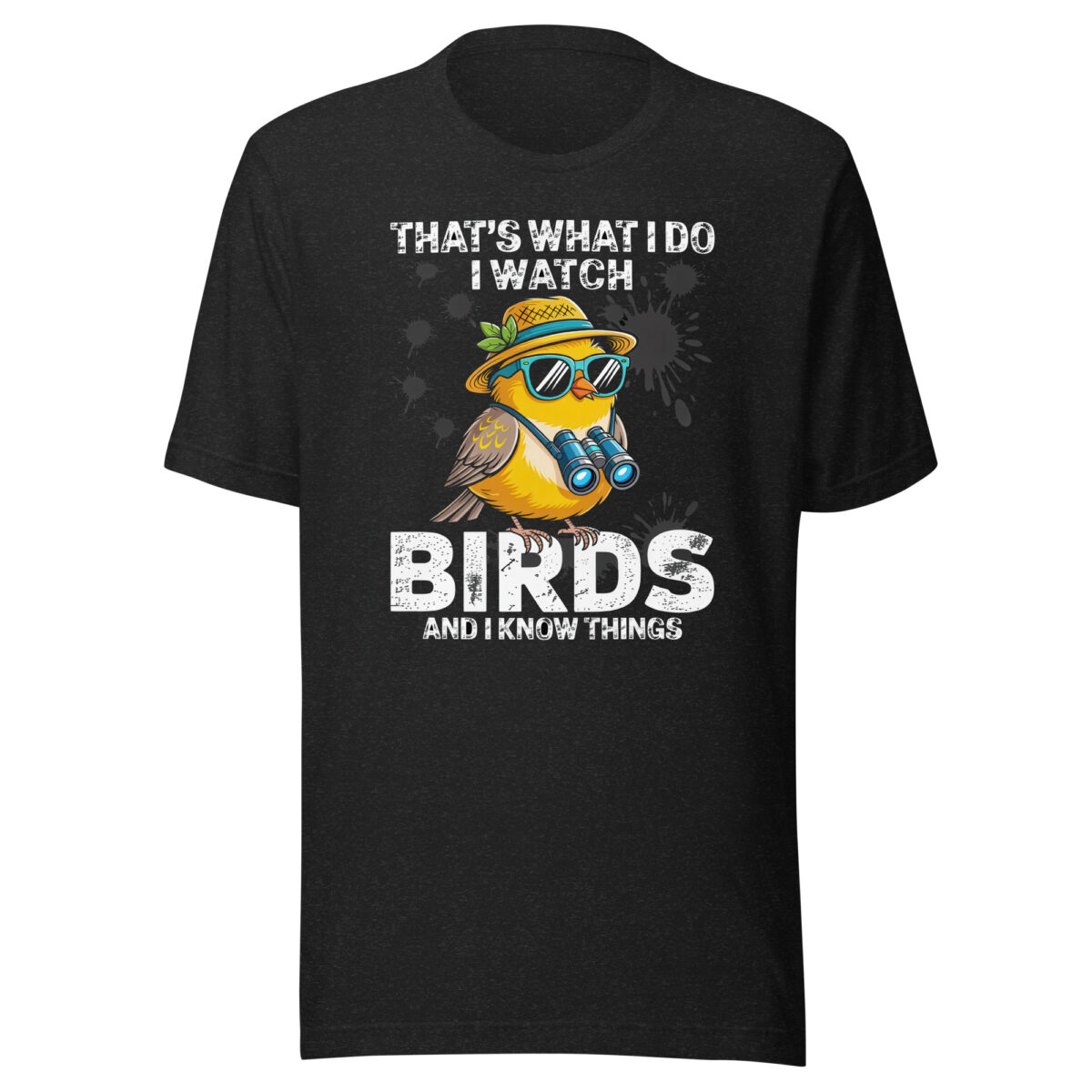 Black cotton t-shirt with a yellow bird wearing sunglasses, a sun hat, and binoculars graphic design.