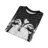 Black all over print sublimation tee with two skulls, crossbones, and script text graphic. Features cyber grunge aesthetic.