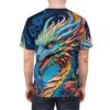 All over print sublimation tee showcasing a vibrant blue dragon with orange eyes and colorful floral accents, designed with a seamless wrap around graphic.