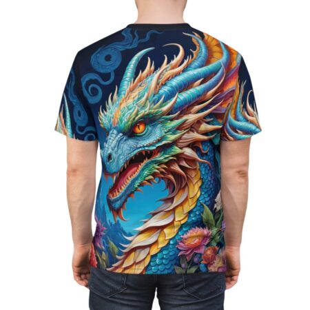 All over print sublimation tee showcasing a vibrant blue dragon with orange eyes and colorful floral accents, designed with a seamless wrap around graphic.