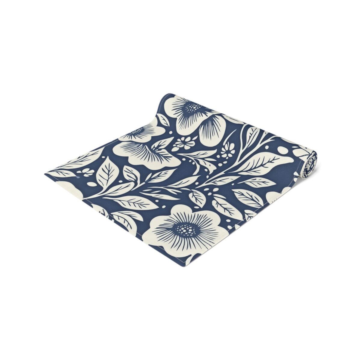 Blue and cream botanical floral print runner with large flowers and leaves.