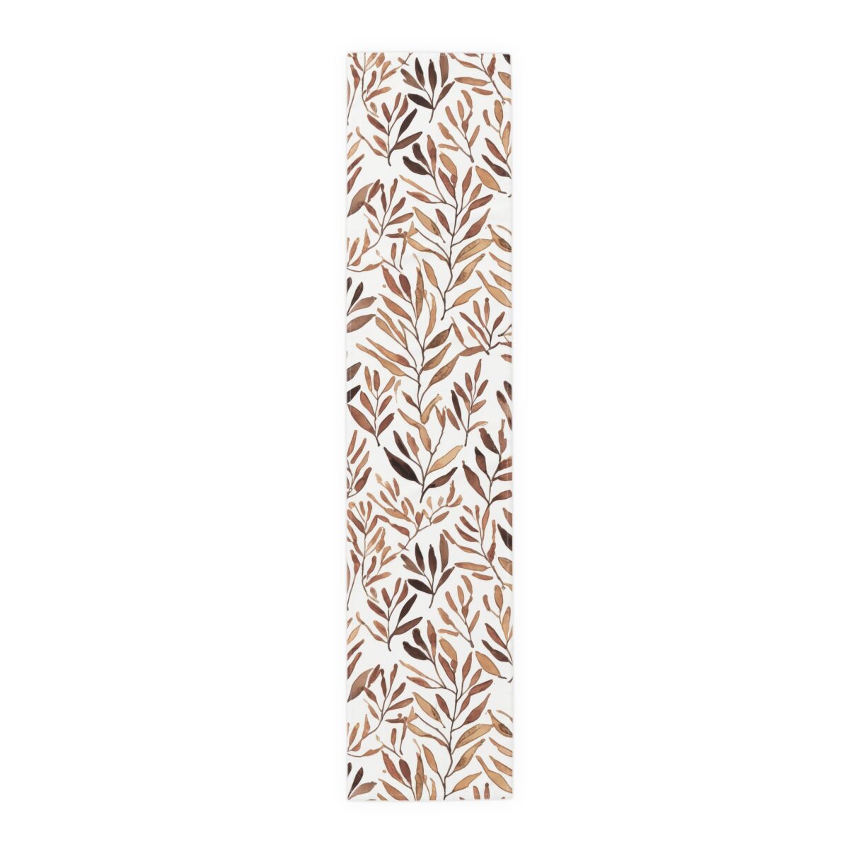 White runner with an all-over print of brown watercolor leaves and branches.