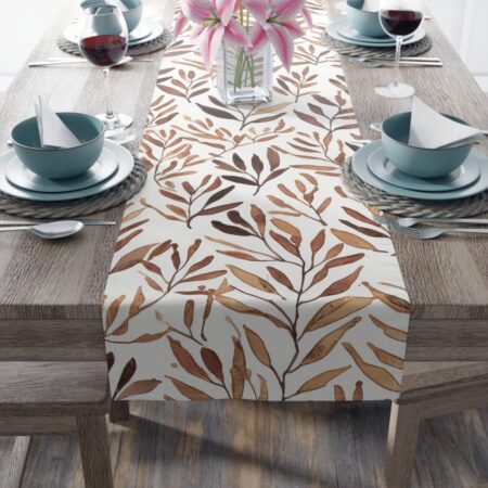 Brown watercolor botanical leaves pattern table runner for dining room decor. Neutral, natural aesthetic print.