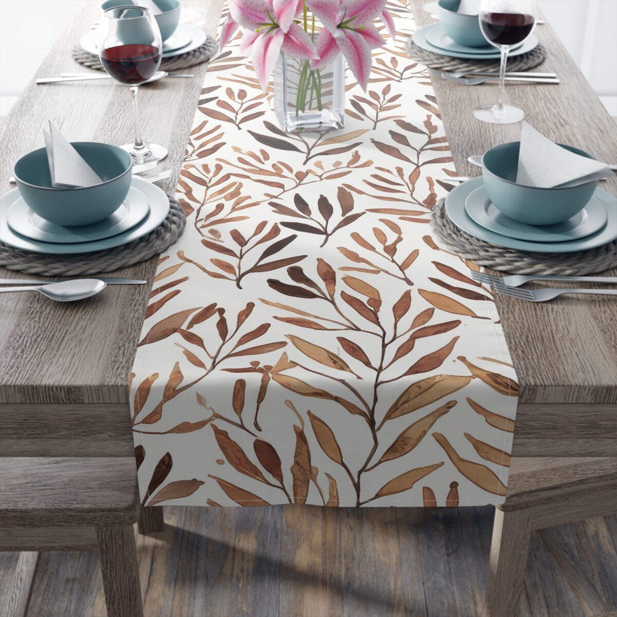 Brown watercolor botanical leaves pattern table runner for dining room decor. Neutral, natural aesthetic print.