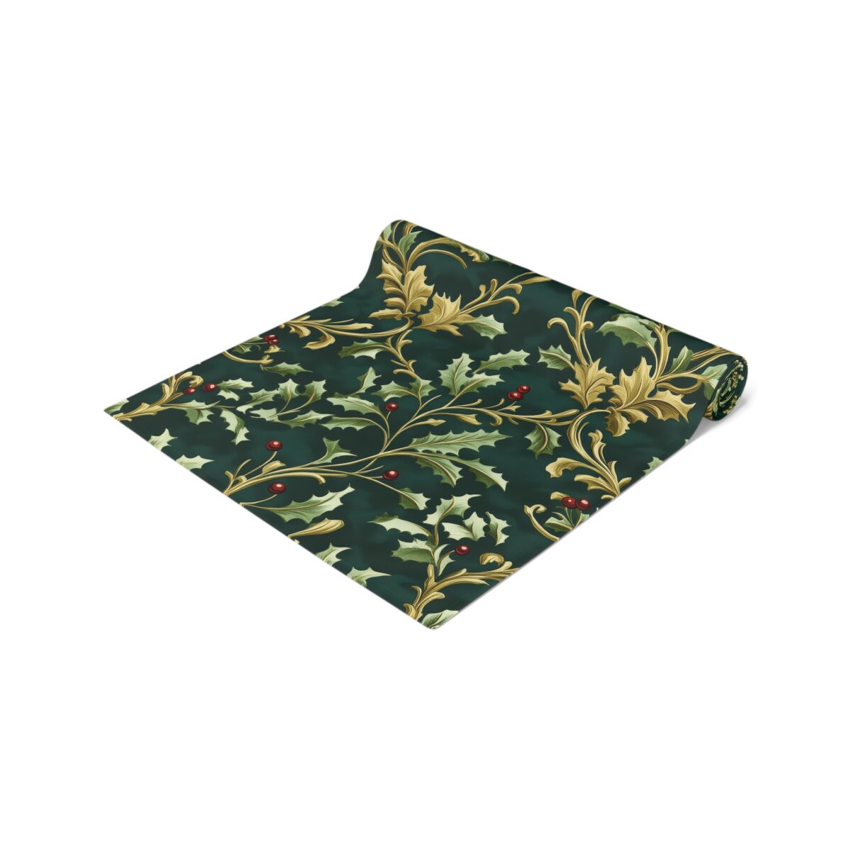 Elegant Christmas holly berry and gold vine floral pattern wallpaper with deep green background.