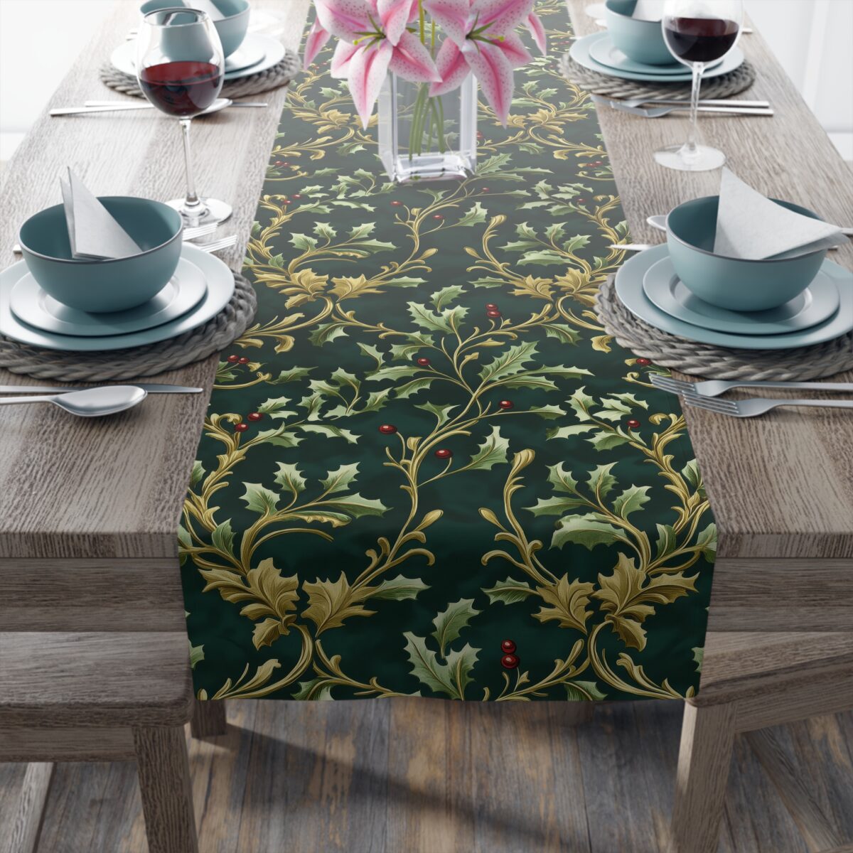 Dark green table runner featuring a vintage holly leaf and berry pattern with gold accents.