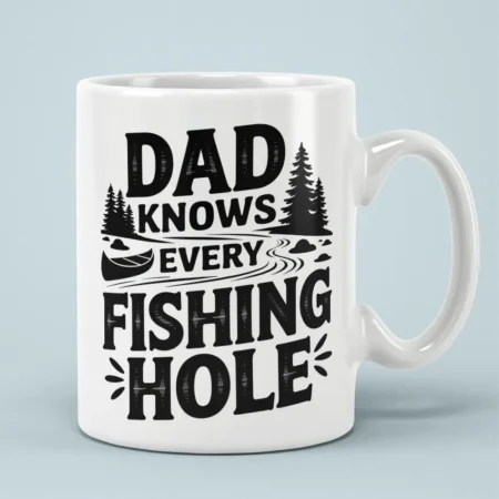 White ceramic coffee mug with black Dad Knows Every Fishing Hole typography and outdoor pine tree graphic.