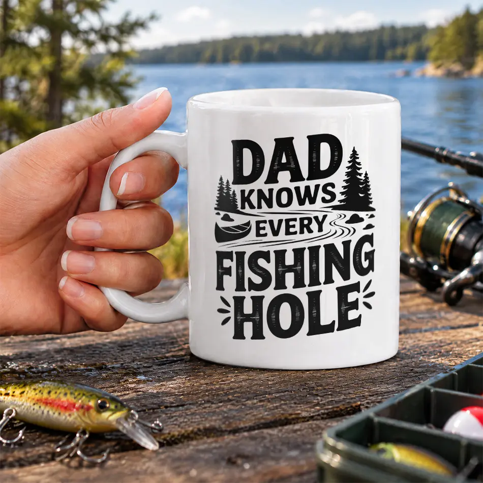 White ceramic coffee mug with black Dad Knows Every Fishing Hole typography alongside pine trees and canoe graphics.