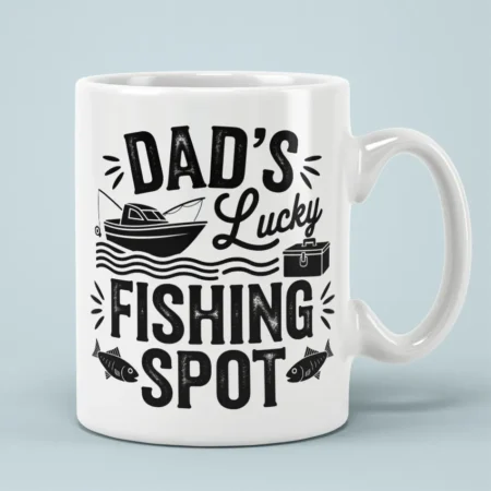 White ceramic mug with black Dad's Lucky Fishing Spot typography, fishing boat, tackle box, and fish graphics.