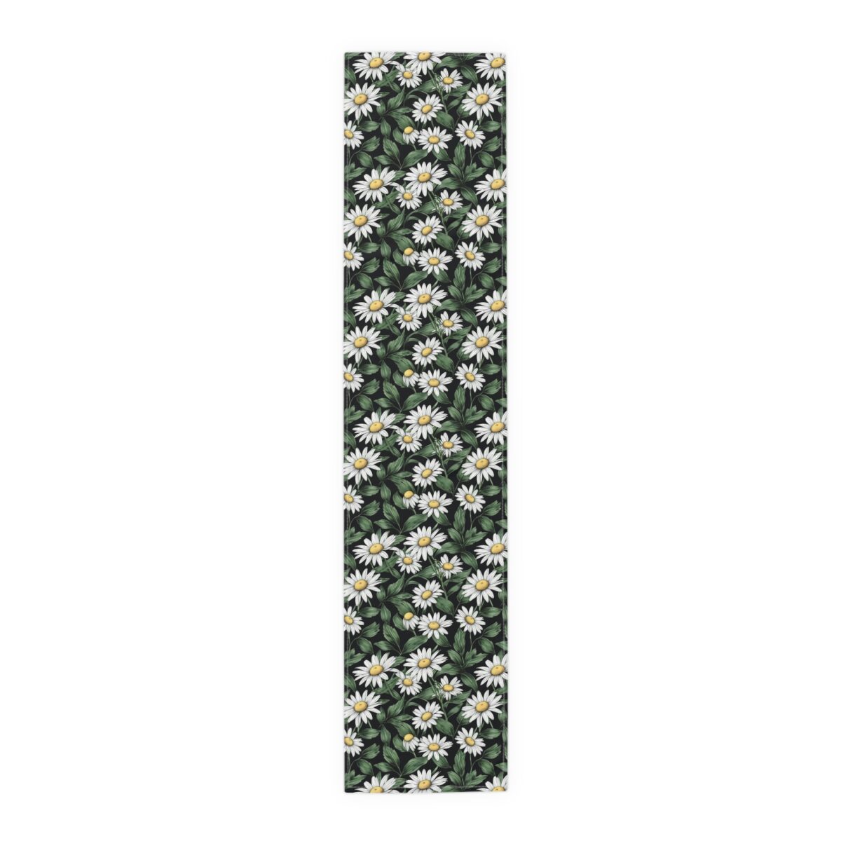 Black runner rug with repeating white daisy floral print and green leaves, seamless pattern design.