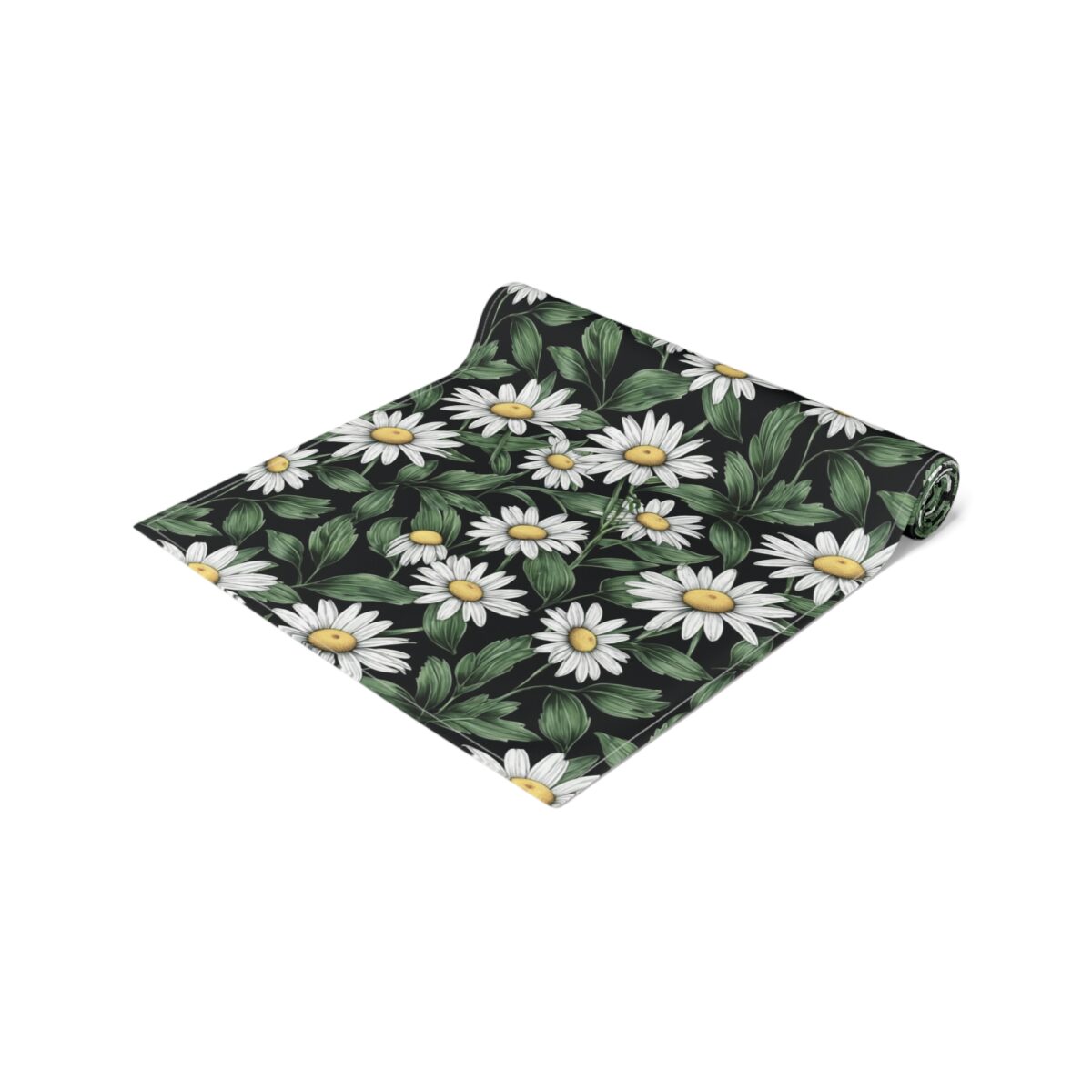 Black table runner with a vintage floral daisy print and green leaves.