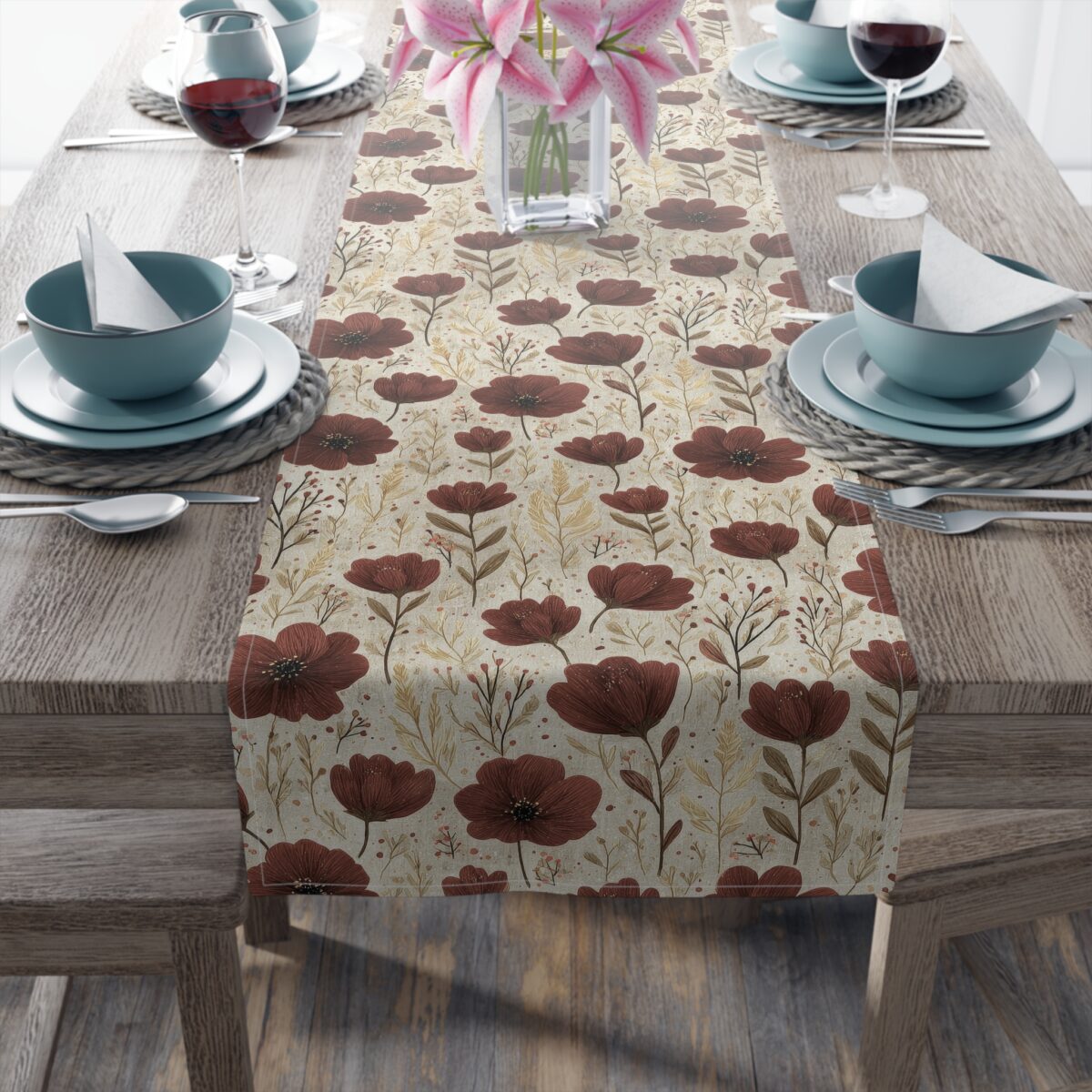 Table runner with a seamless pattern of dark red flowers and beige foliage. Perfect for vintage decor.