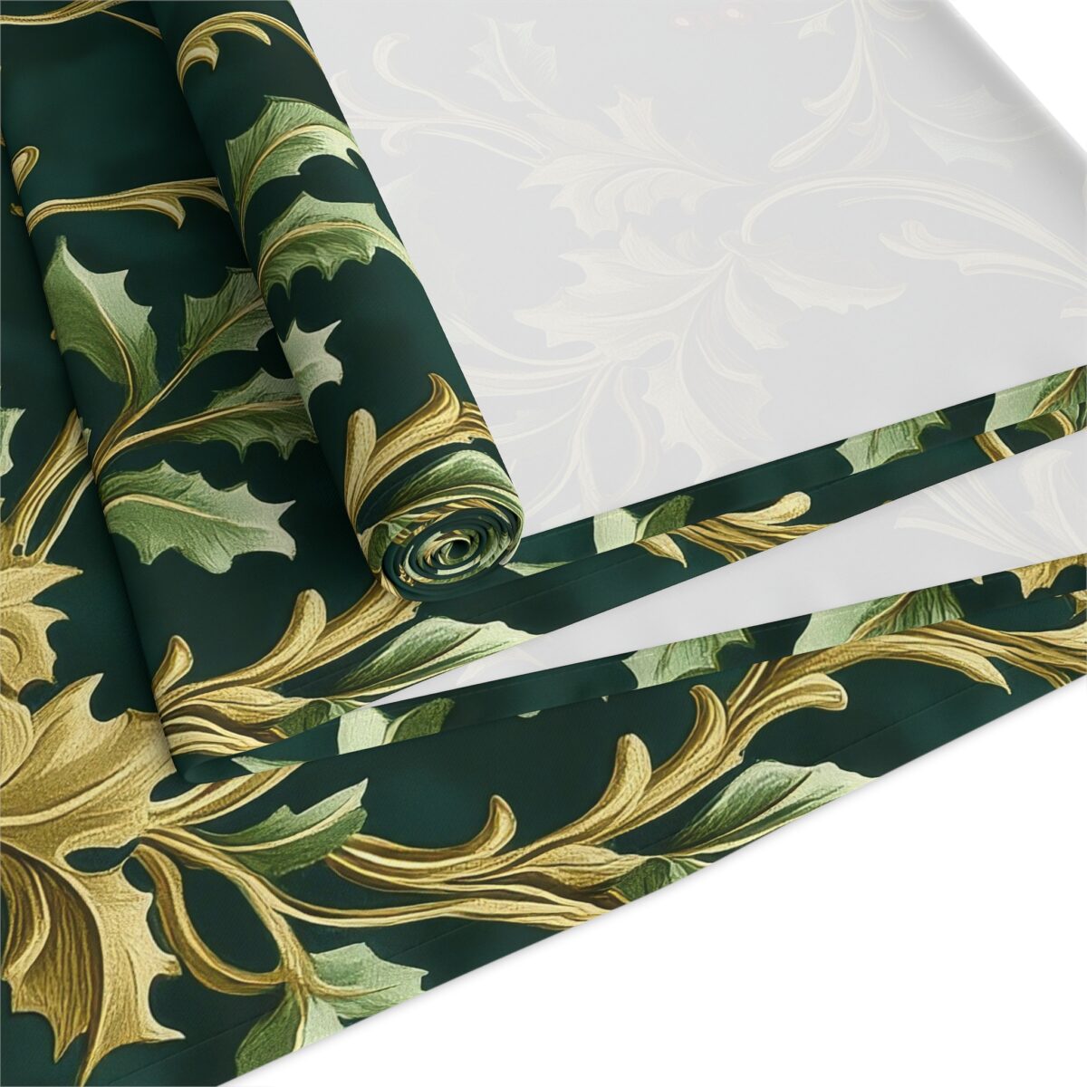 Dark green fabric features a repeating gold and green floral scroll pattern, with a rolled section and a flat edge showcasing the seamless print.