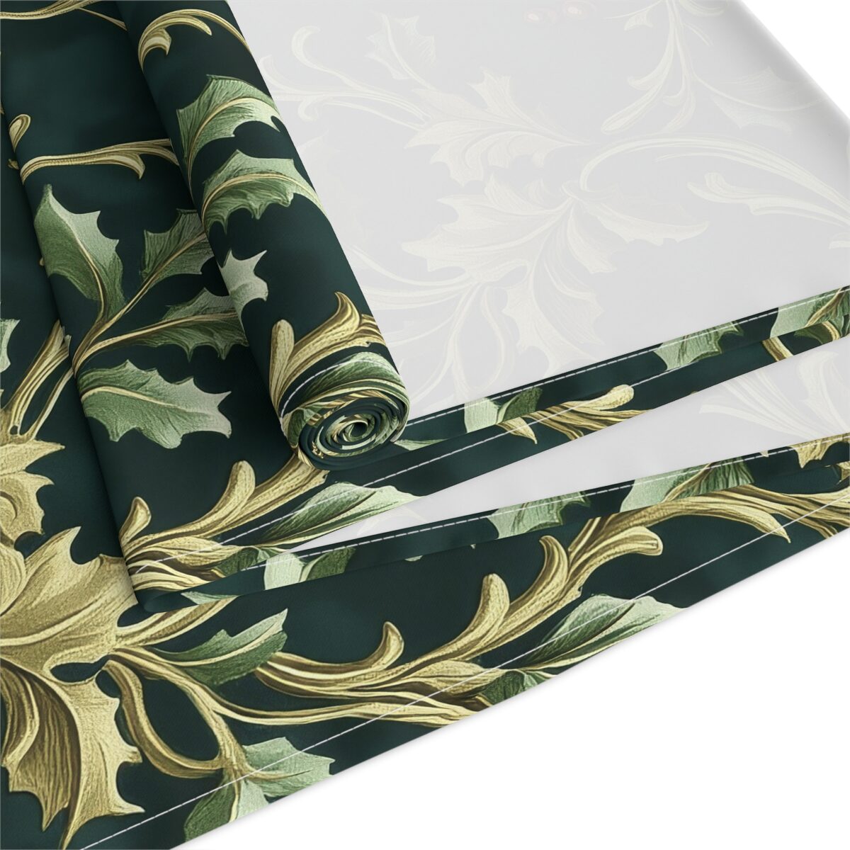 Dark green table runner with a vintage floral pattern in gold and green tones.