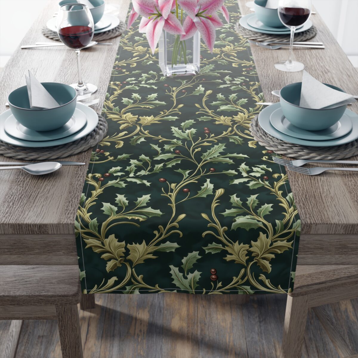 Dark green table runner featuring a repeating holly leaf and berry pattern with gold accents, perfect for holiday decor.