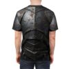 Dark knight armor sublimation tee featuring a realistic metal plate design with cracks and rivets.