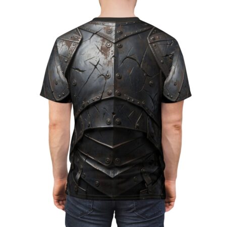Dark knight armor sublimation tee featuring a realistic metal plate design with cracks and rivets.