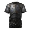 Realistic dark knight plate armor t-shirt with distressed metal texture and riveted details.