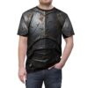 Dark metal knight armor sublimation tee features a detailed, cracked, and riveted full body plate armor design with metallic sheen.