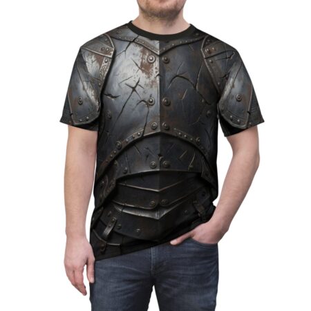 Dark metal knight armor sublimation tee features a detailed, cracked, and riveted full body plate armor design with metallic sheen.