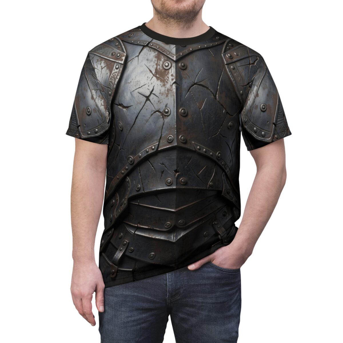 Dark metal knight armor sublimation tee features a detailed, cracked, and riveted full body plate armor design with metallic sheen.
