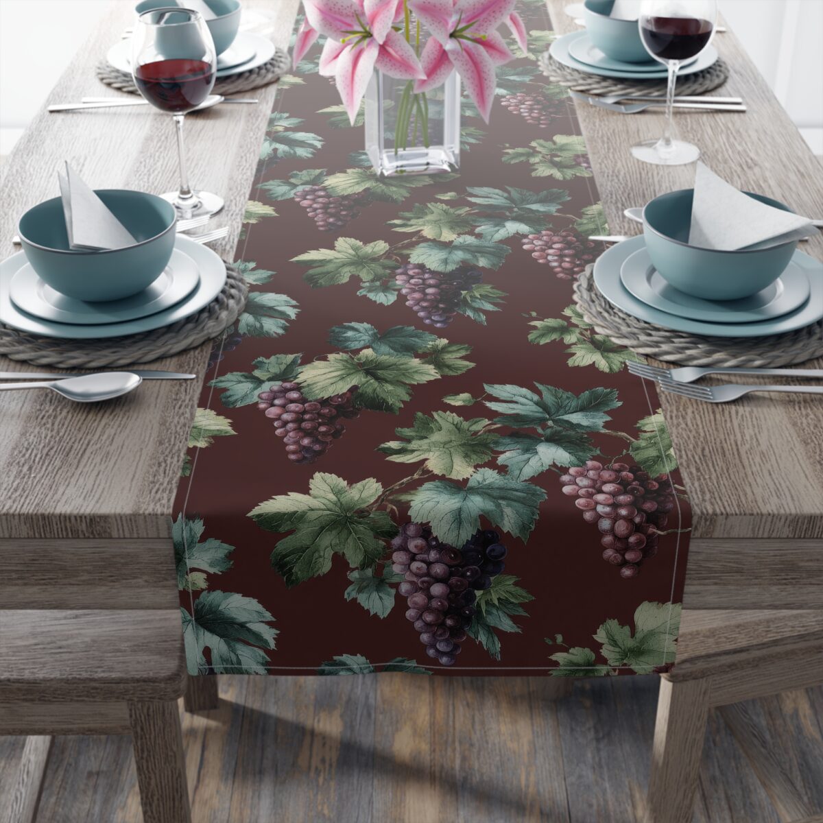 Dark red table runner featuring a detailed botanical print of purple grape clusters and green leaves. Perfect for kitchen or dining table decor.