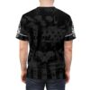 Dark grunge flag t-shirt with distressed skull graphic, stars, and text elements. All over print design.