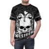 All over print sublimation tee featuring skulls, flames, and the word DESTROY in a grunge streetwear aesthetic.
