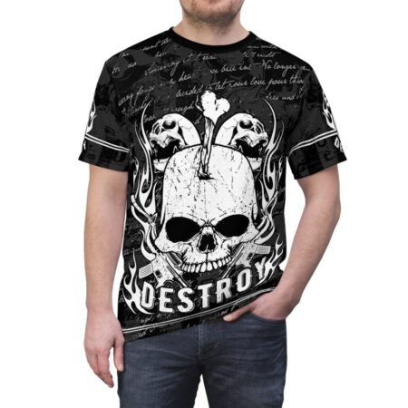 All over print sublimation tee featuring skulls, flames, and the word DESTROY in a grunge streetwear aesthetic.