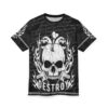 All over print black t-shirt featuring a distressed white skull with guns, flames, and the word DESTROY. Cyber grunge streetwear aesthetic.