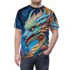 Blue and orange dragon head with flowers, all over print sublimation tee with a seamless wrap around graphic design.