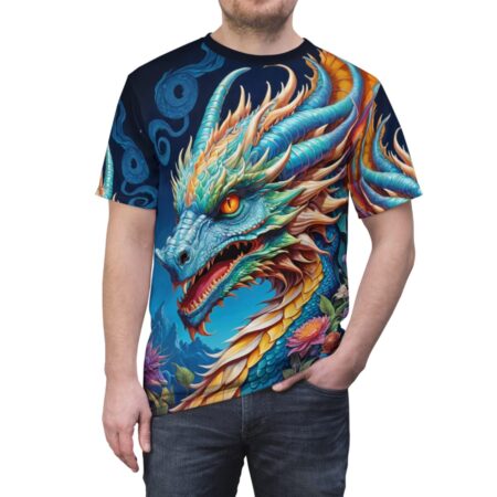 Blue and orange dragon head with flowers, all over print sublimation tee with a seamless wrap around graphic design.