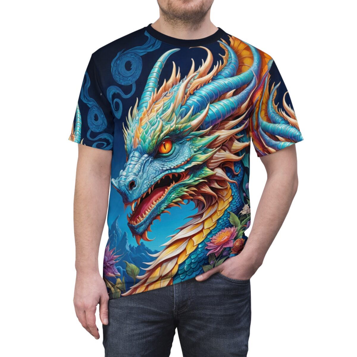 Blue and orange dragon head with flowers, all over print sublimation tee with a seamless wrap around graphic design.