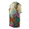 Whimsical all over print t-shirt showcasing a deer amidst vibrant flowers and a sunlit forest, featuring a seamless wrap around graphic.