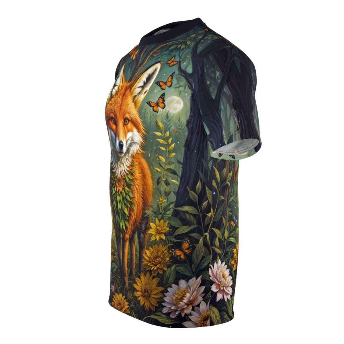 All over print sublimation tee featuring a mystical fox in a moonlit forest with flowers and butterflies.