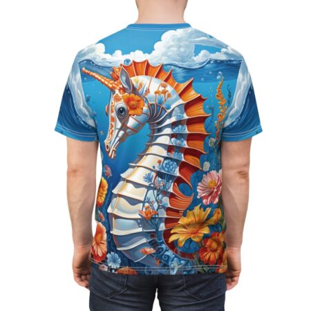 All over print fantasy seahorse sublimation tee featuring ocean life and floral elements.