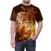 All over print sublimation tee featuring two jaguars in a fiery orange and black graphic design.