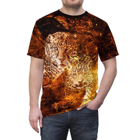 All over print sublimation tee featuring two jaguars in a fiery orange and black graphic design.