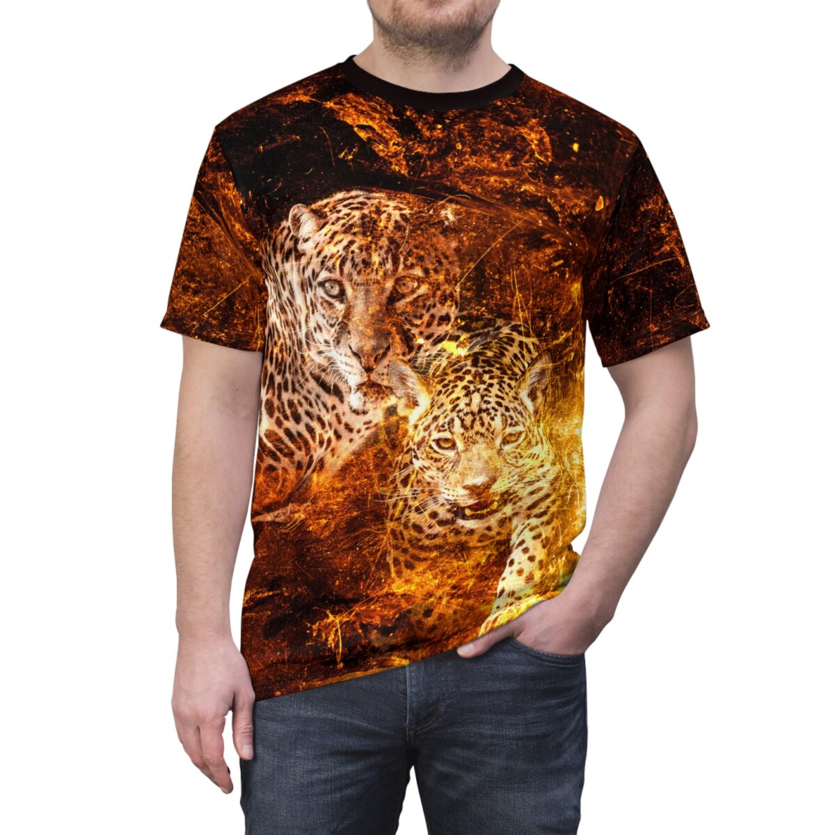 All over print sublimation tee featuring two jaguars in a fiery orange and black graphic design.