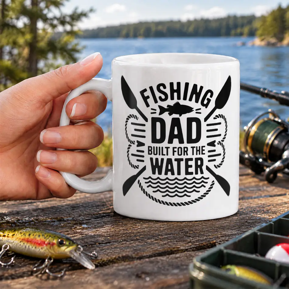 White ceramic coffee mug printed with Fishing Dad Built For The Water graphic, paddles, and fish motifs.